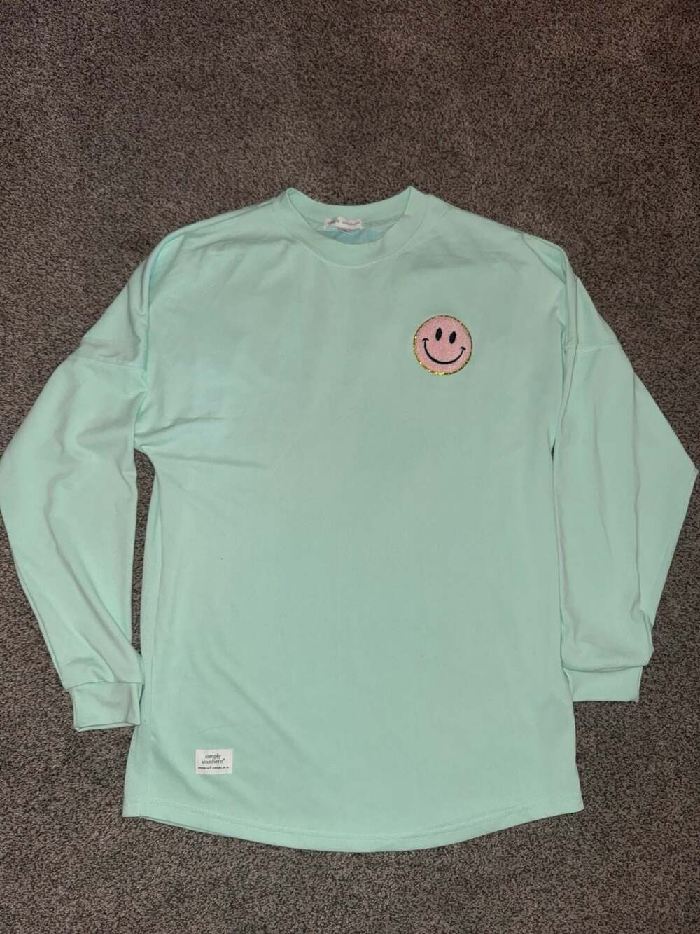 Simply Southern Live Happy Sparkle Pink Smiley Long Sleeve Pom Pom Jersey